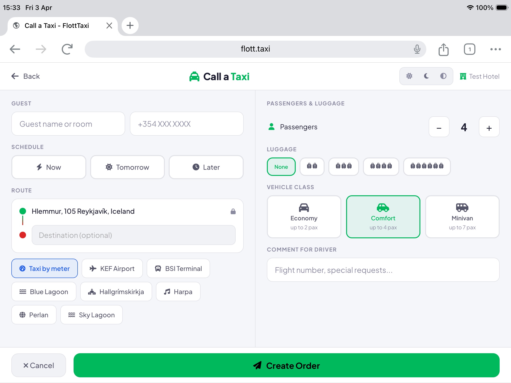 FlottTaxi Hotel Panel — front desk ordering